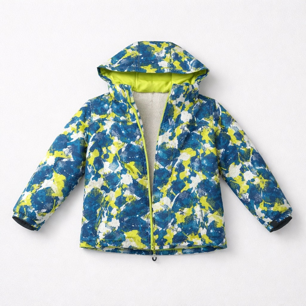 Kids Blue & Lime Print Puffer Jacket